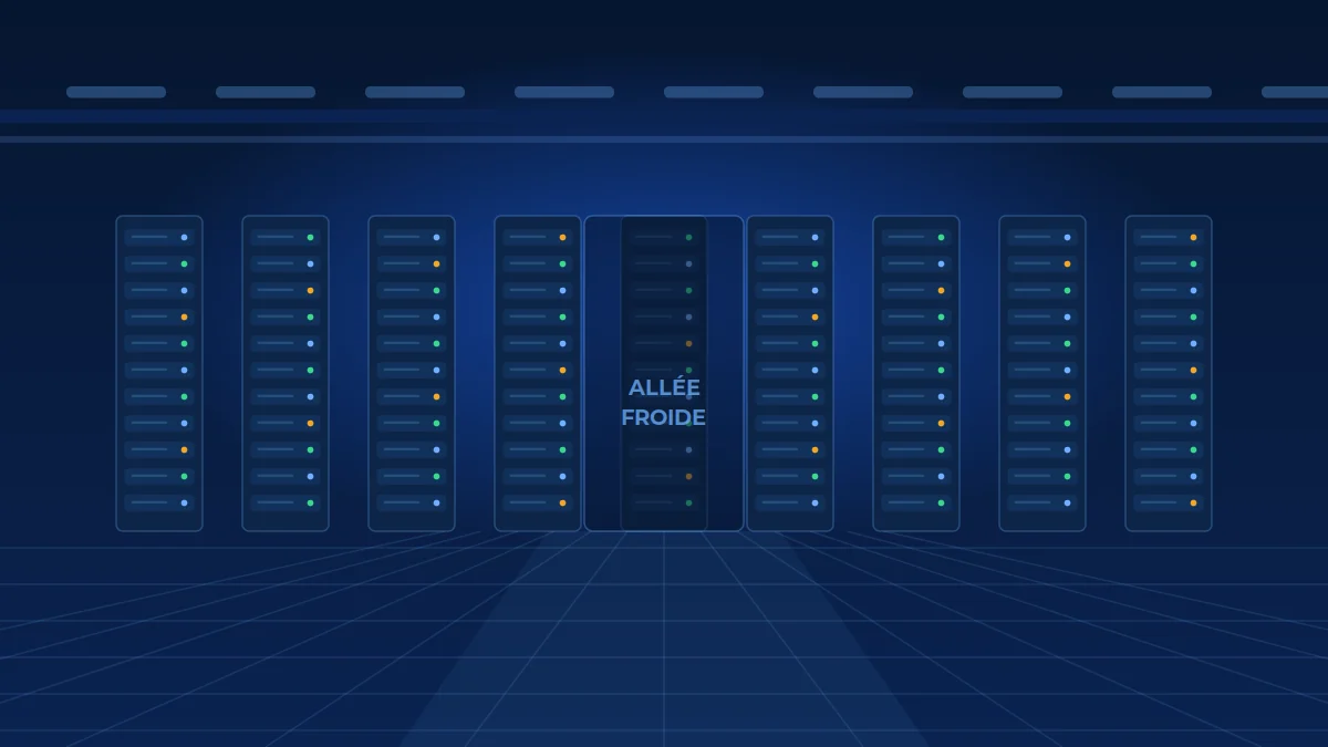 Salle de serveurs d'un data center : baies alignées, allée froide confinée et éclairage technique